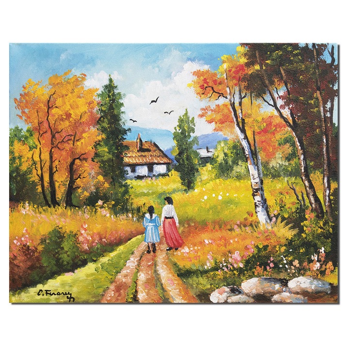 Tablou peisaj rural pictat manual, Amintiri din copilarie, la bunici, 50x40cm ulei pe panza, Constantin Feraru