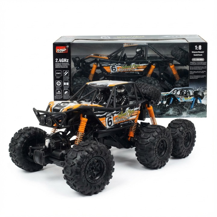 Masina cu telecomanda Off Road 6WD cu 6 roti si suspensii, baterie reincarcabila, scala 1:8, portocaliu, 48 x 30 x 22 cm