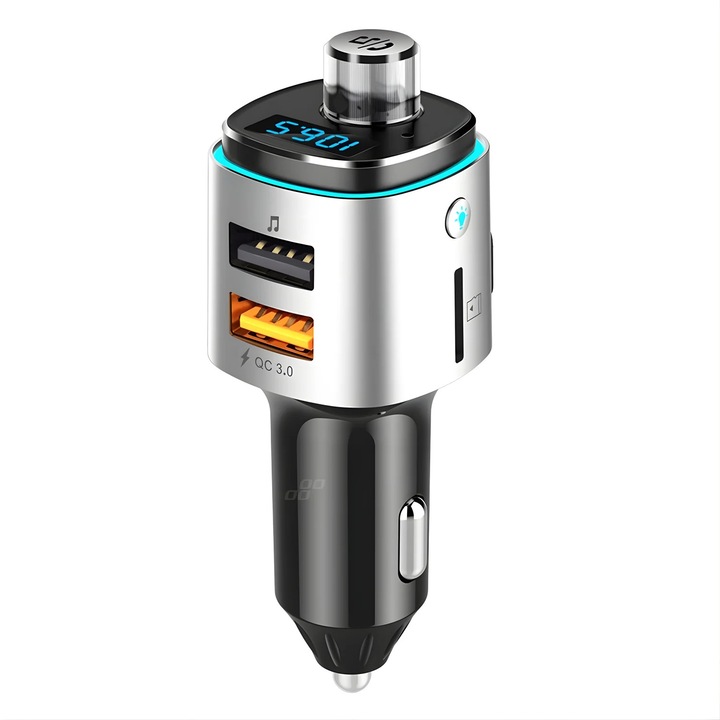 Modulator FM auto cu Bluetooth pentru redare muzica si apeluri hands-free, 2 porturi USB-A pentru incarcare si redare, slot microSD pentru MP3, buton rotativ multifunctional, compatibil Android si iOS, alimentare 12–24 V