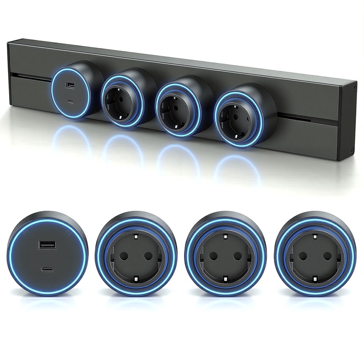 Контакти за стенен монтаж, Мобилна система за контакти на модулна релса, Модулен контакт, 8000W, 3 универсални мобилни адаптера 13A + 1 двоен USB контакт, алуминиева сплав, сив, 50x8.5x1.9cm