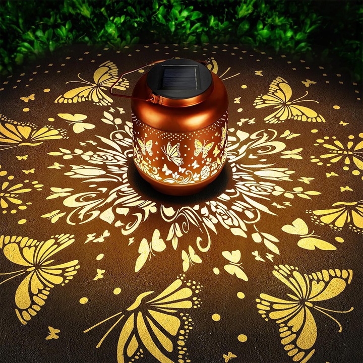 Lampa solara de exterior decorativa, YOUKUKE®, Design fluture, Suspensie, rezistente la intemperii, IP65, constructie metalica, iluminare automata, Lumini solare artistice, Aramiu