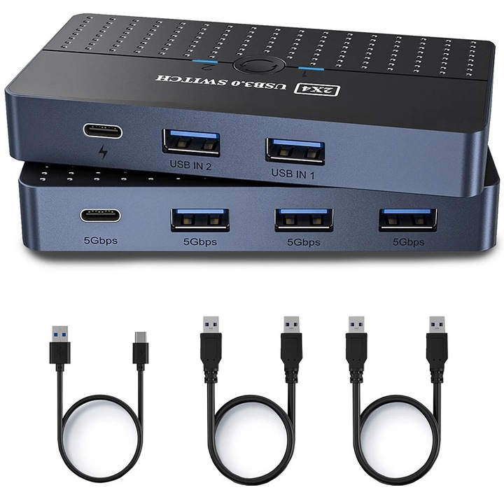 Hub USB KVM 2x4, Garsonal, USB3.0, USB-C x 1, USB-A x 3, Negru