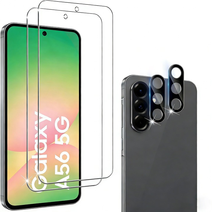 Комплект от 2 броя защитно фолио за екран и 2 броя защитно фолио за камера, съвместими със Samsung Galaxy A56, Закалено стъкло, Прозрачно/Черно, 0.33mm