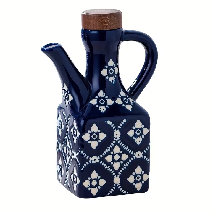 JALWO, Sticla pentru ulei, capac si gura de scurgere, Recipient ceramic cu capac din lemn, Design patrat, albastru, 250ml, 10×15cm