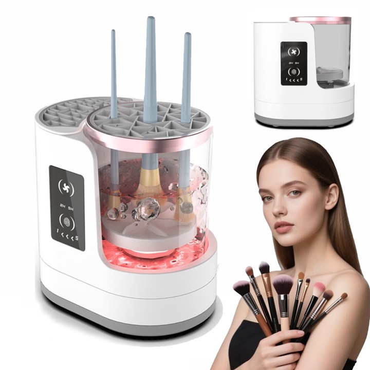 Aparat curatare si uscare pensule machiaj 2 in1, LXNZUHN, uscare rapida cu sterilizare UV, ecran tactil, curatare automata in 5 minute, 850 rpm, potrivit pentru toate tipurile de pensule de machiaj, 17.3x12.1x17.5cm, Alb