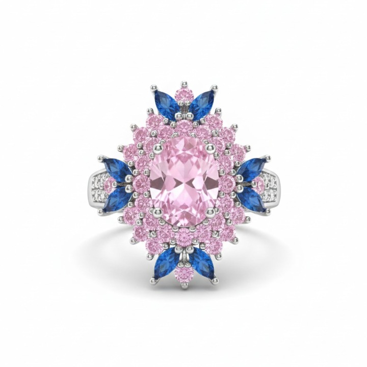 Inel Dama Chucai® model Floare cu Zirconiu Roz, Stil Vintage Luxury, Inel Elegant Argintiu, Bogat Incrustat, Cadou Eleganta Party