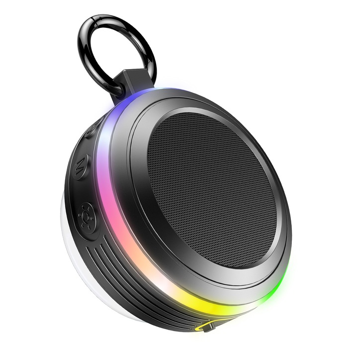 Boxa portabila, Bluetooth, calitate a sunetului de inalta definitie, iluminare RGB, rezistenta la apa IPX7, radio FM, potrivita pentru utilizare in exterior, neagra