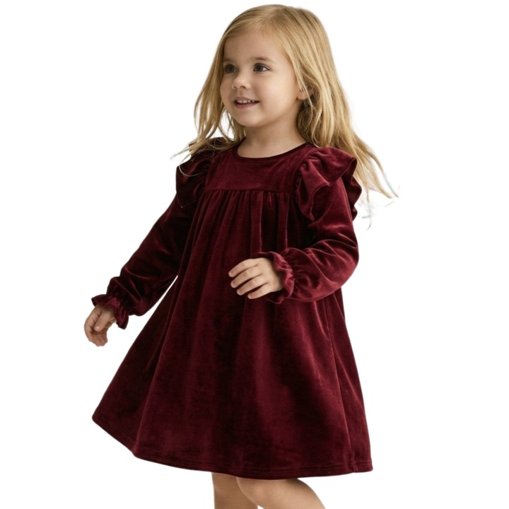 ZOYA Fashion Idalia bordó bársony lányka ruha fodrokkal és hosszú ujjakkal, Bordeaux