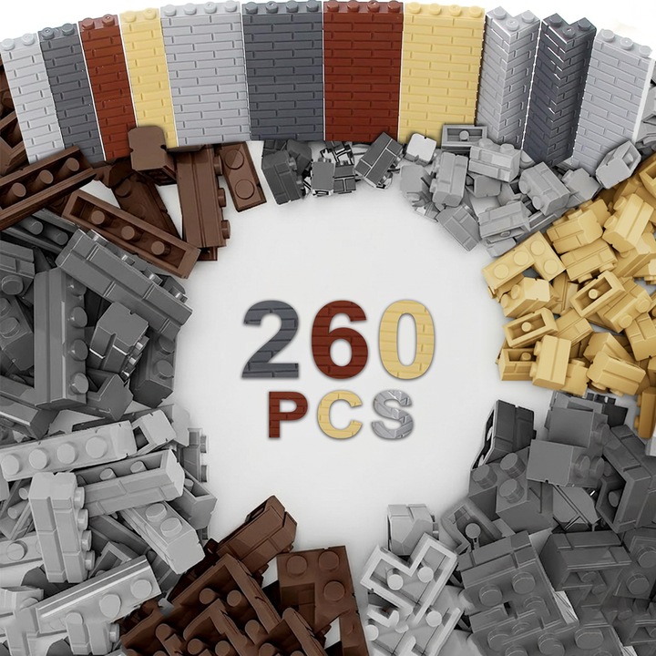 Set Caramizi profilate pentru zidarie Constructia, Excitat®, 260 buc, Constructie case modulare, Piese MOC Creative, Compatibil cu LEGO, plastic ABS