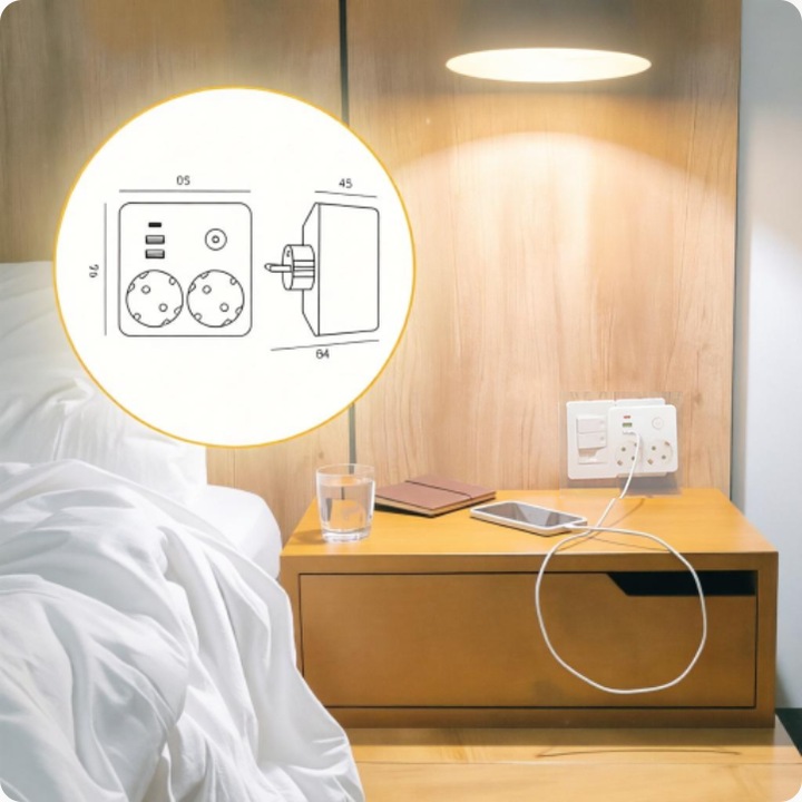 Priza de perete，2xUSB + 1xUSB-C, buton ON/OFF, max 2500W, 20W PD, protectie suprasarcina