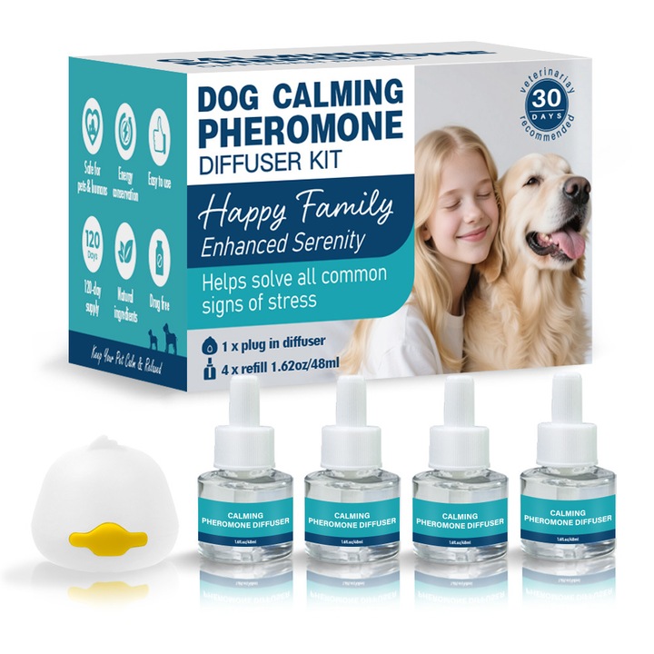 Set de calmare si incalzire pentru animale, 4 rezerve lichide + 1 mufa mica rata, pentru caini, parfumate