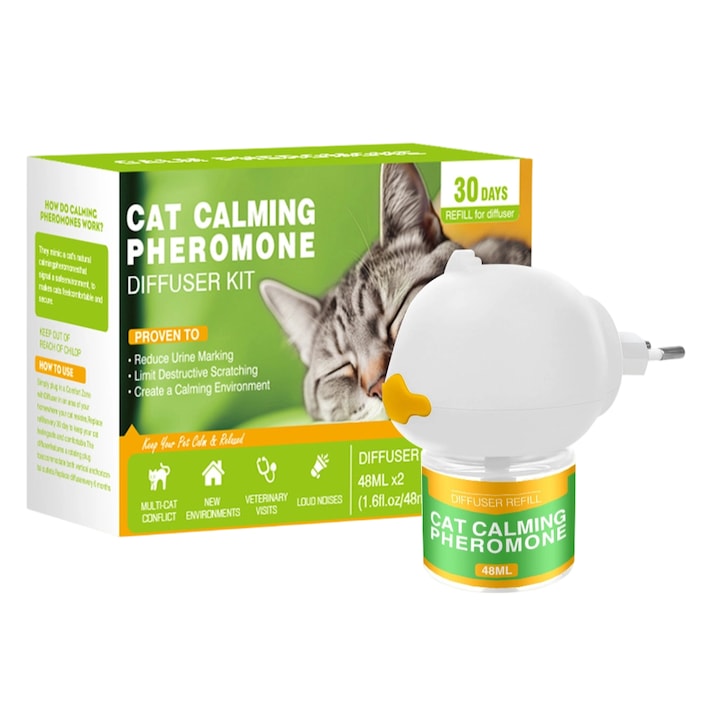 Dispozitiv difuzor feromoni pentru calmarea pisicilor, ingrediente naturale, fara miros, 6 luni utilizare