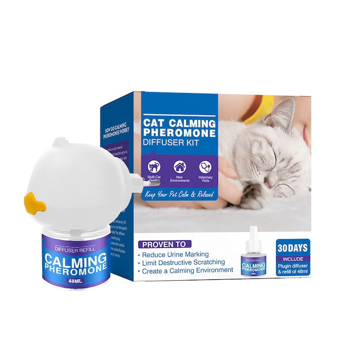 Dispozitiv de aromaterapie cu feromoni pentru calmarea pisicilor, ingrediente naturale, fara parfum, compact