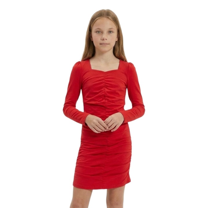 Rochie pentru fete MaLuna Madison, mulata, maneca lunga, cu fronseu frontal, rosie, Rosu