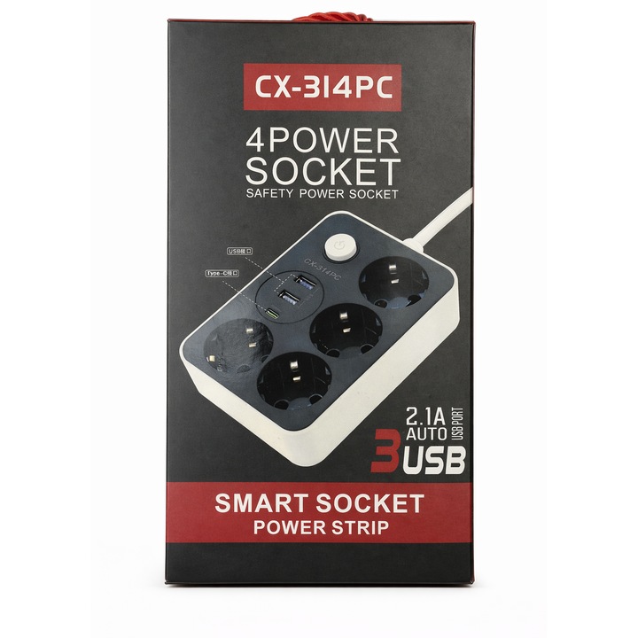 Разклонител ALFTEC с 4 контакта със заземяване, 3 USB порта (2x USB-A + 1x USB-C), ключ ON/OFF, кабел 2м, 2500W, USB 5V 2.1A