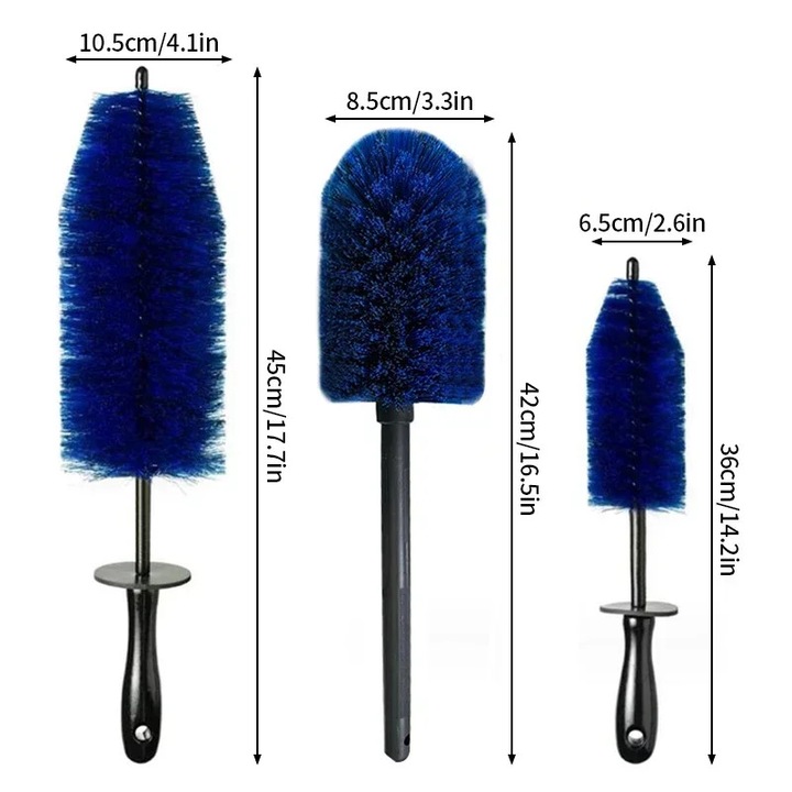 Perie de curatare pentru roti auto, albastra, 3 dimensiuni, material polipropilena si metal