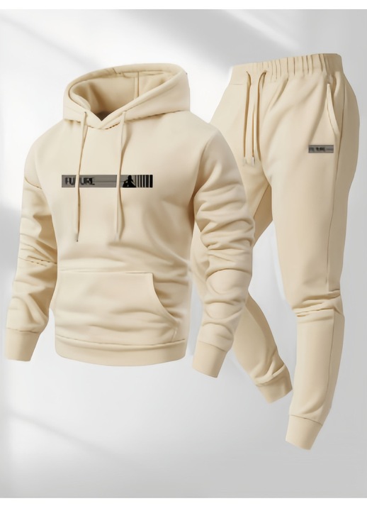 Set sport casual barbatesc, hanorac si pantaloni de trening, kaki, doua piese