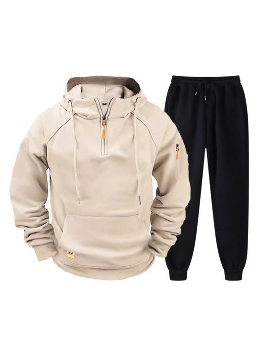Set trening casual barbati, hanorac cu fermoar captusit, kaki, fleece