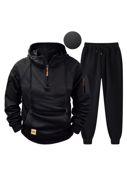 Set casual barbati, pantaloni de trening + hanorac cu fermoar, captusit cudwqfwq, Negru