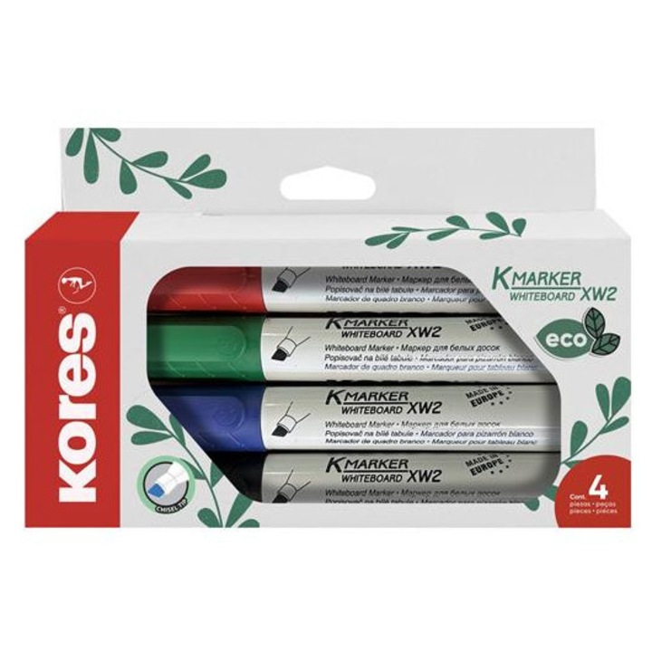 Комплект маркери за бяла дъска и флипчарт, 3-5 мм, скосен връх, KORES "ECO K-Marker XW2", 4 различни цвята