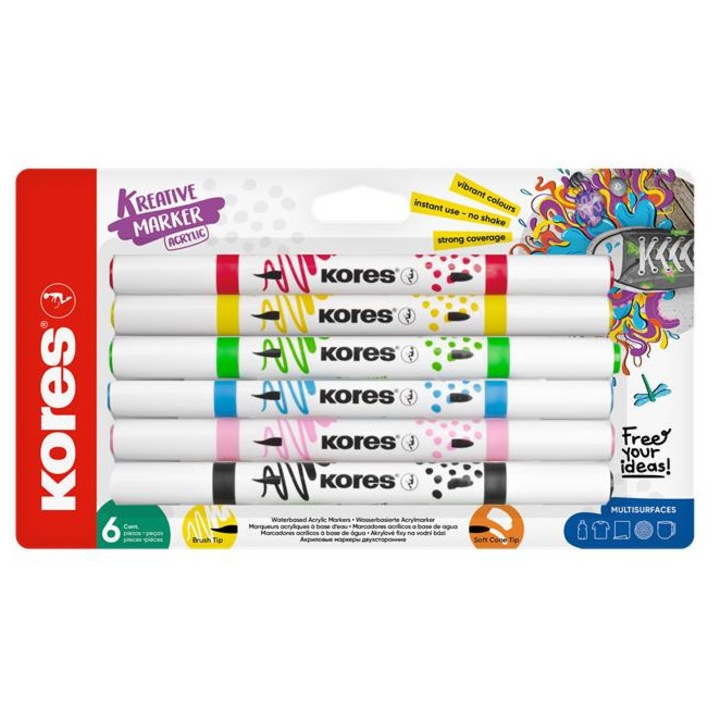 Комплект маркери за декорация, акрилни, 1-2 мм, двувърхи, KORES "K-Kreative", 6 различни цвята