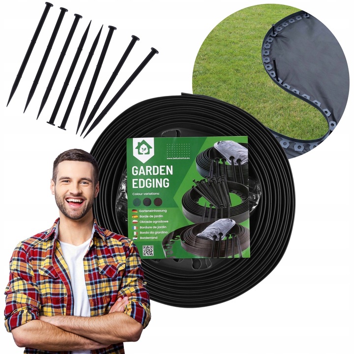 Bordura Gazon Flexibila Bellushortus 55mm x 50m, Kit Complet cu 150 Ancore, Negru