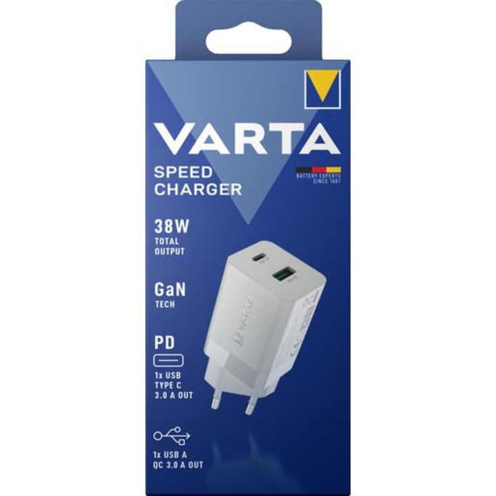 Varta Speed Charger 38W GaN PD USB-C 20W + USB-A 18W White, 212442, Töltő