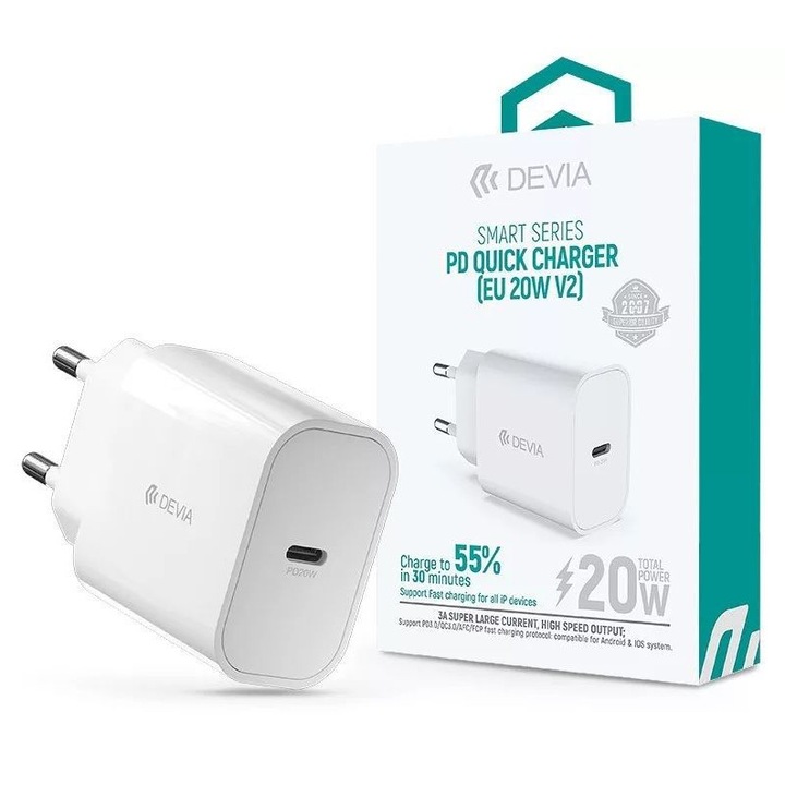 Devia ST383830 20W Type-C PD Wall Charger White, 240640, Töltő