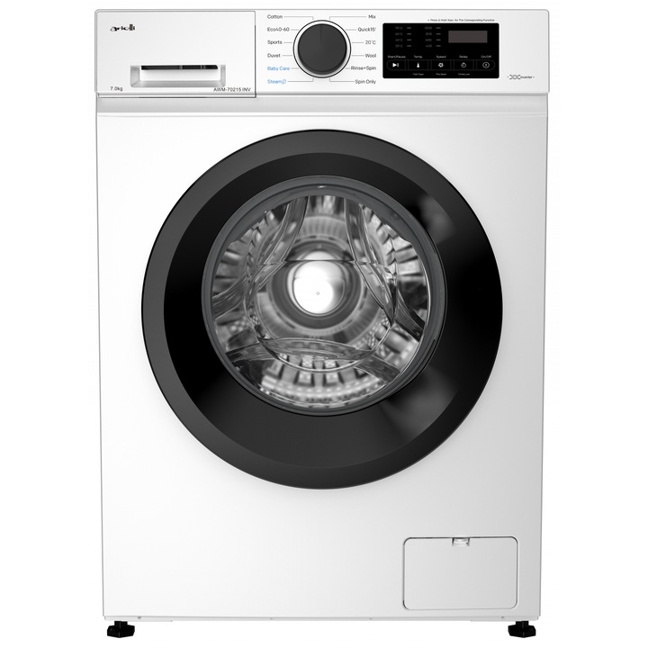 Перална машина ARIELLI AWM-70215 INV, Програма с пара, Отложен старт, 12 прграми, 1200 оборота, Клас A, Бяла, Капацитет 7 кг
