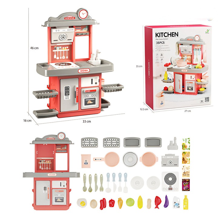 Gyerekkonyha mosogatóval, folyóvízzel, 35 részes (46cm) EmonaMall W5682, Rózsaszín
