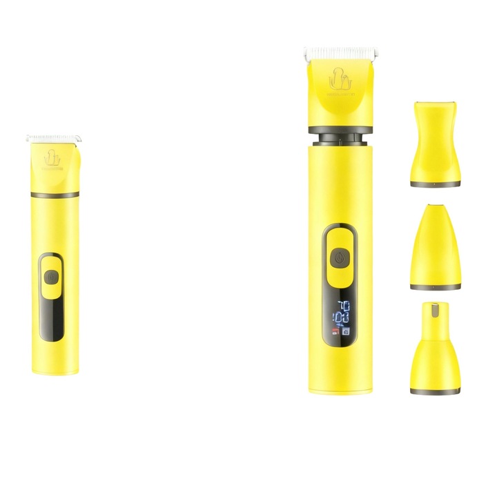 Nunbell 4 az 1-ben állatszőrnyíró gép kutyáknak és macskáknak, rozsdamentes acél penge, LED kijelző, 1200mAh akkumulátoros trimmer, hálózati adapter, 3 sebesség, 7000 RPM, 200V, csendes, vezeték nélküli, nyírógép vezetőfésűvel