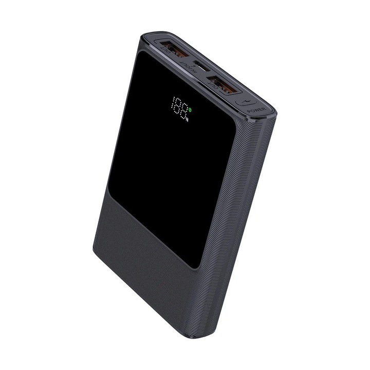 Преносима външна батерия Diva - PB-105B, 10000 mAh, USB-C, 2x USB-A, Дисплей, Бързо зареждане, Черна