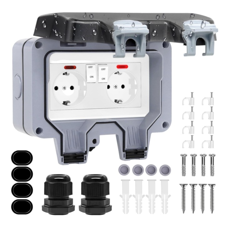 Priza exterioara Priza exterioara cu 2 cai, impermeabila IP66 Priza exterioara cu indicator luminos, priza de perete pentru locuri umede Priza de gradina cu montare aparenta Rezistenta la praf Rezistenta la intemperii cu capac cu balamale