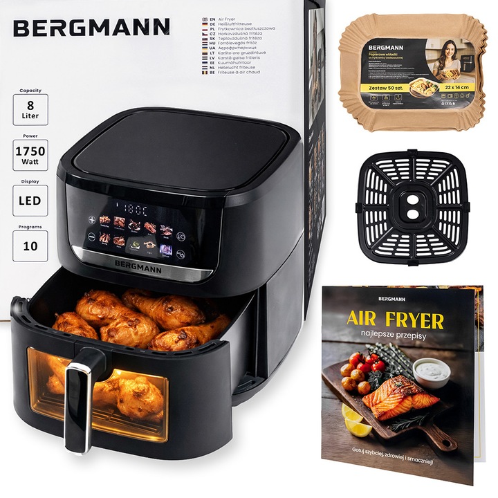 Friteuza cu aer cald BERGMANN YI, 8L, 1750W, 10 programe, touchscreen, 33.1cm, set cu carte de retete si 50 de tavite de hartie