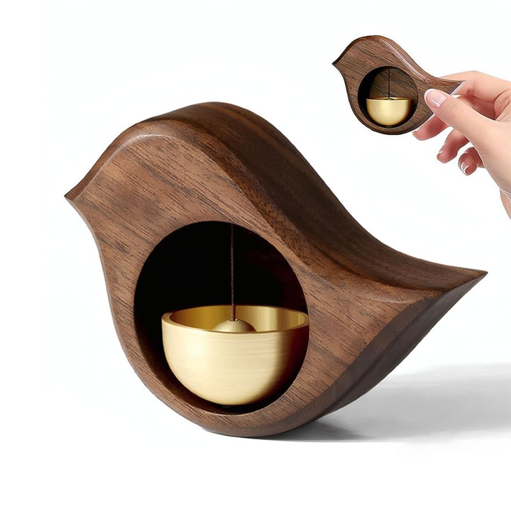 Clopot Sonerie Magnetica Premium pentru Usa, Chucai, Forma de Pasare Sonerie Zen din Alama si Lemn de Nuc, Cadou Creativ pentru Casa/Birou, Maro, 15x10cm