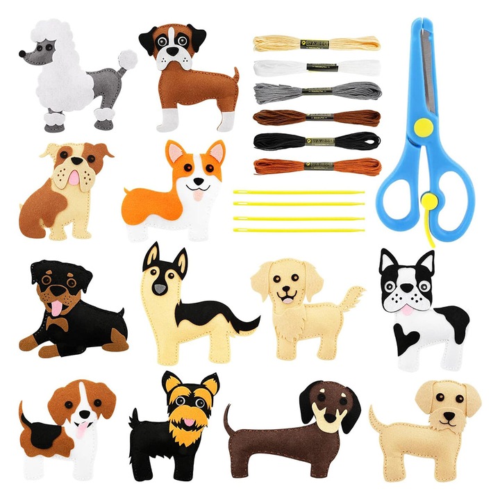 Set de cusut din fetru Chucai, 12 figurine animale, activitati Montessori, multicolor, 8-12 ani