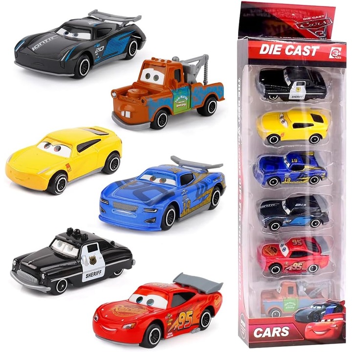 Set de jucarii Masini McQueen, 6 bucati, vehicule jucarie pentru copii, masinute proiectate pentru baieti, colectionari si iubitori de jucarii - cadouri pentru zile de nastere, sarbatori pentru copii
