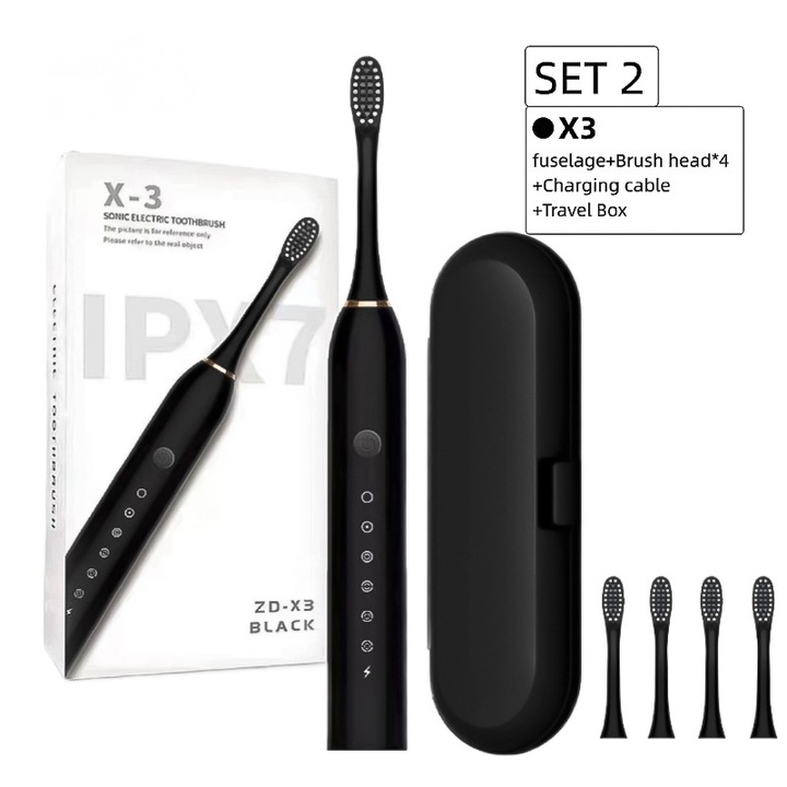 Elektromos fogkefe 42000 rezgés/perc, 6 tisztítási mód, DuPont kefefej, IPX7 vízálló, 4 kefefej + utazótok, fekete