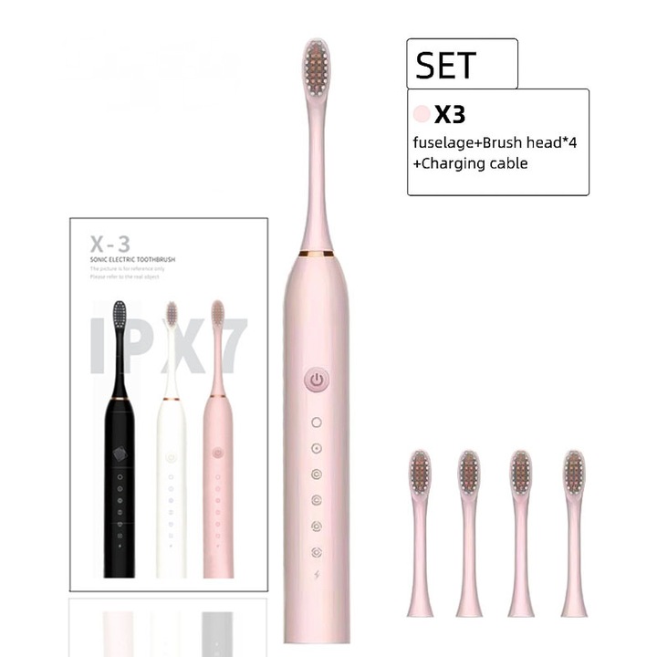 Elektromos fogkefe 42000 rezgés/perc, 6 tisztítási mód, DuPont kefefej, IPX7 vízálló, rózsaszín, 4 kefefejjel