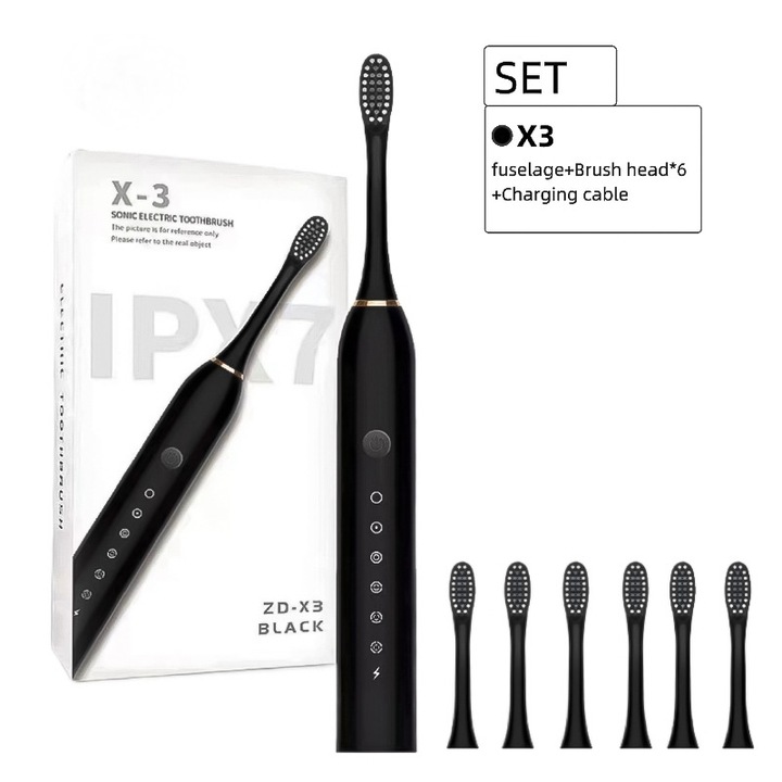 Periuta de dinti electrica cu vibratii de 42000 de ori/minut, 6 moduri de curatare, cap de perie DuPont, waterproof, set de 6 bucati, neagra