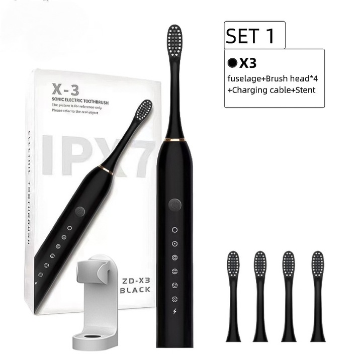 Periuta de dinti electrica cu vibratii de 42000 de ori/minut, 6 moduri de curatare, cap de perie DuPont, waterproof IPX7, set 4 capete de perie, negru