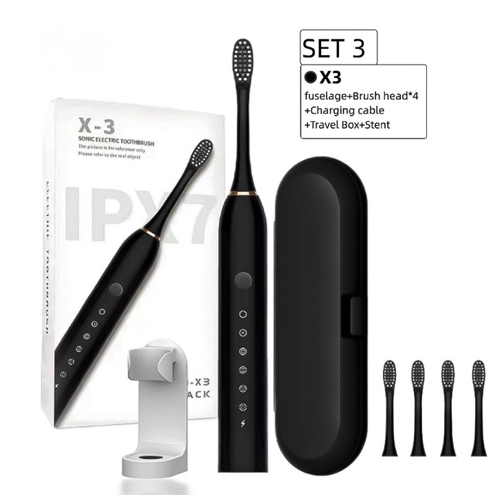 Periuta de dinti electrica cu vibratii de 42000 de ori pe minut, 6 moduri de curatare, cap de perie DuPont, waterproof, set 4 capete de perie, cutie de calatorie, suport, neagra