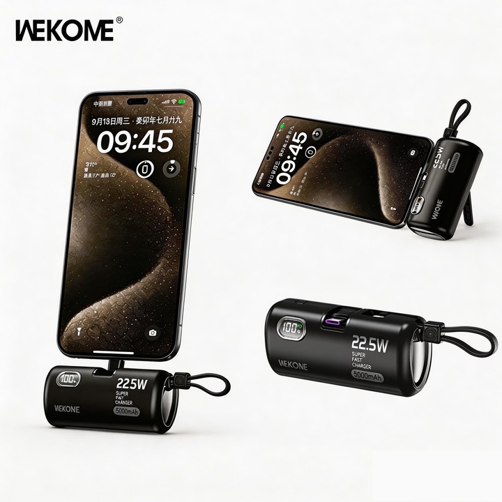 Wekome GN-97FX külső akkumulátor, 5000mAh, 22.5W gyors töltés, iPhone kompatibilis kábel mellékelve, hordozható kialakítás, 106g