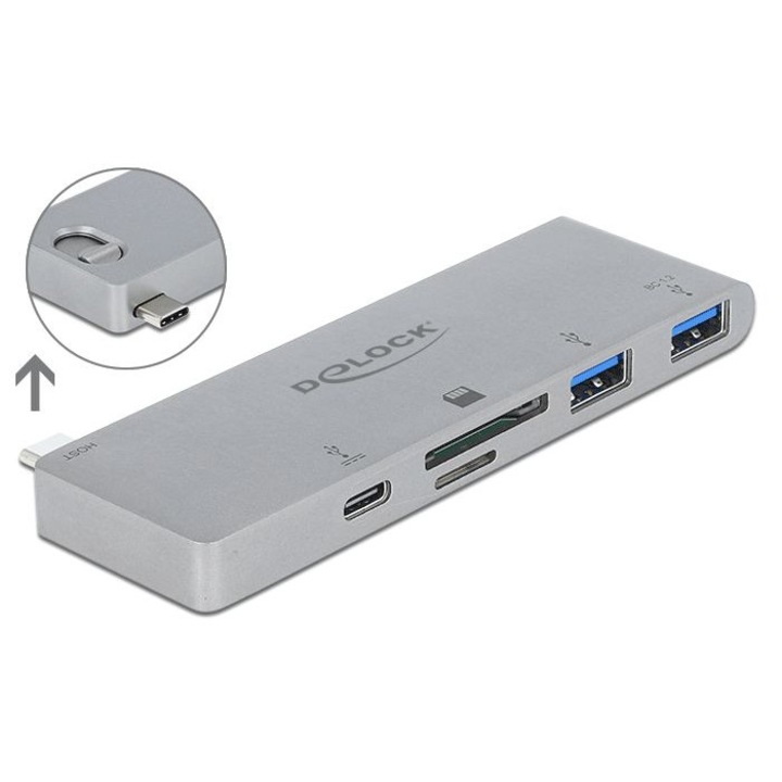 DeLock 3 Port Hub and 2 Slot Card Reader for MacBook with PD 3.0 and retractable USB Type-C Connection, 237740, Portbővítő