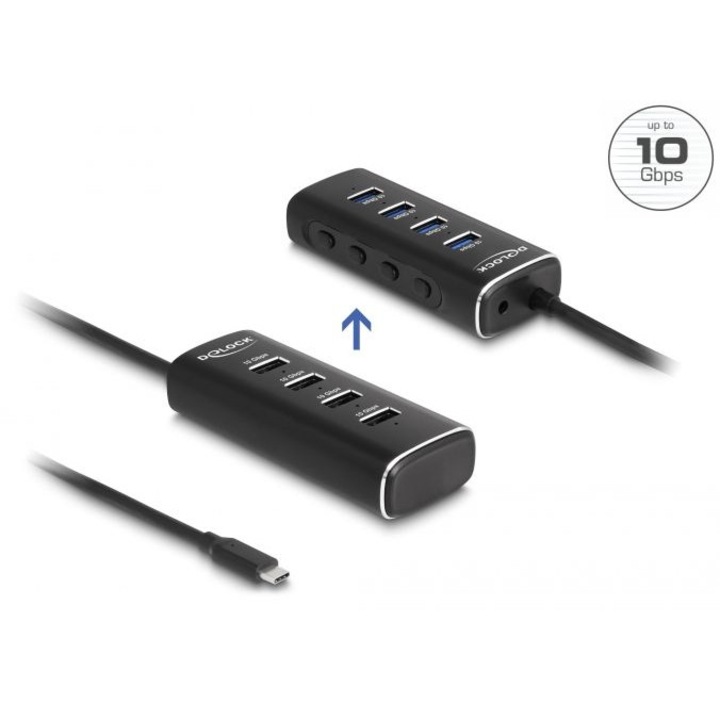DeLock 4 Port USB 10 Gbps Hub with USB Type-C connector 60 cm Cable and Switch for each port, 225996