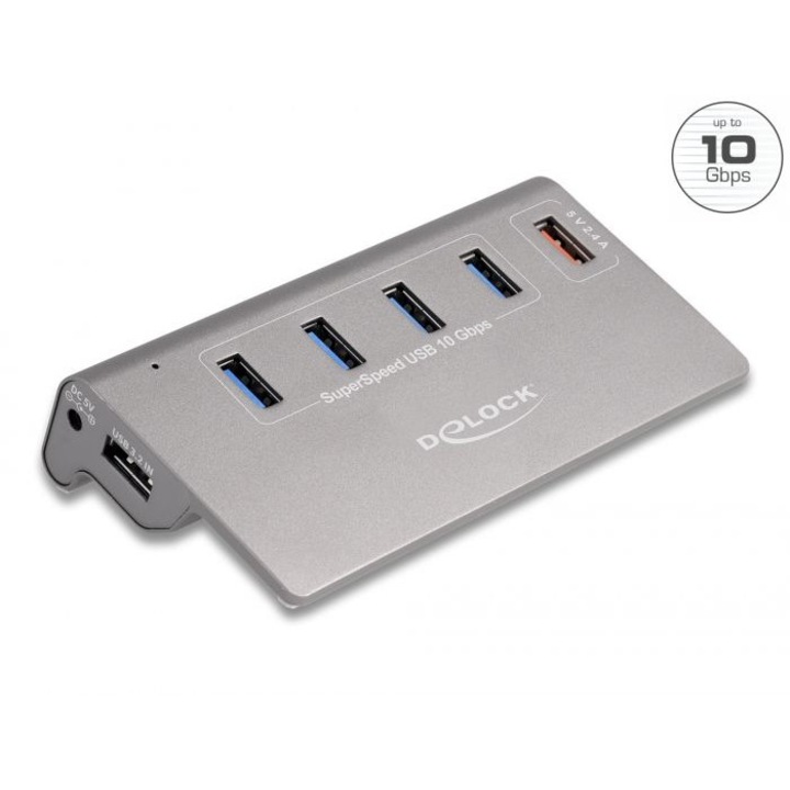 DeLock USB 10 Gbps Hub with 4 USB Type-A Ports + 1 Fast Charging Port incl. Power Supply, 222079, USB Hub