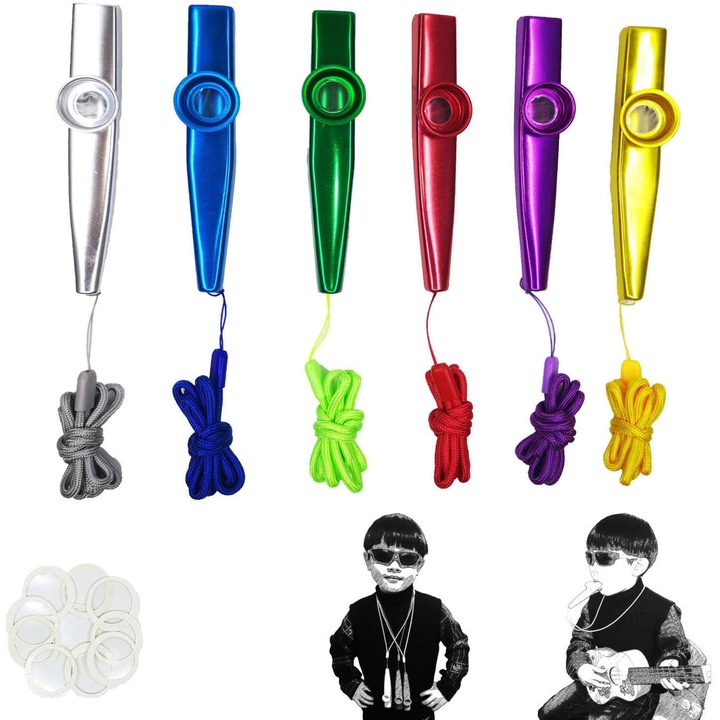 Set 6 kazoo metalice cu snur, YDCY, cadou pentru copii