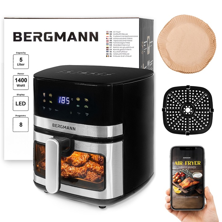Friteuza cu aer cald BERGMANN YA 5L, 1400W, 8 programe, neagra