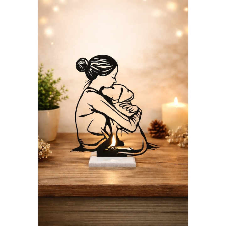 Decoratiune casa cu LED Fata cu Caine, Silueta Artistica Neagra, Baza Imitatie Marmura, plastic biodegradabil, 20 cm, Lumanare LED