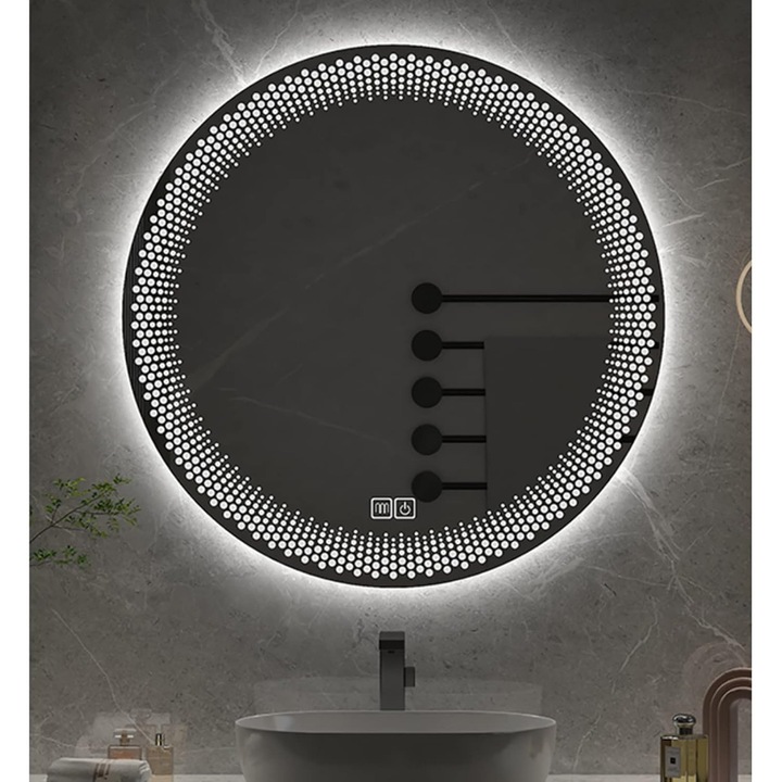 Oglinda Baie LED Rotunda 80cm, Iluminare LED 3 Culori CCT, Dimming Continuu 0 100%, Functie Anti Aburire Pentru Medii Umede, Fara Flicker, Protectie Multistrat, Sticla Float De Calitate, Control Touch, Montaj Pas Cu Pas Usor, Design Modern, COMPANIERO